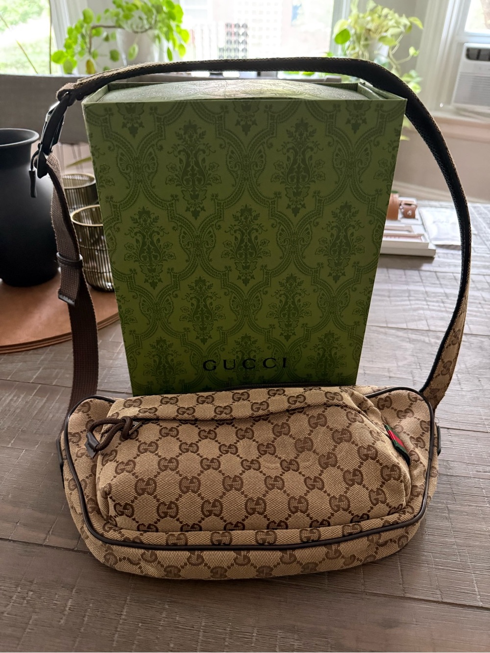 Gucci Beige GG Canvas Belt Bag with Brown Strap